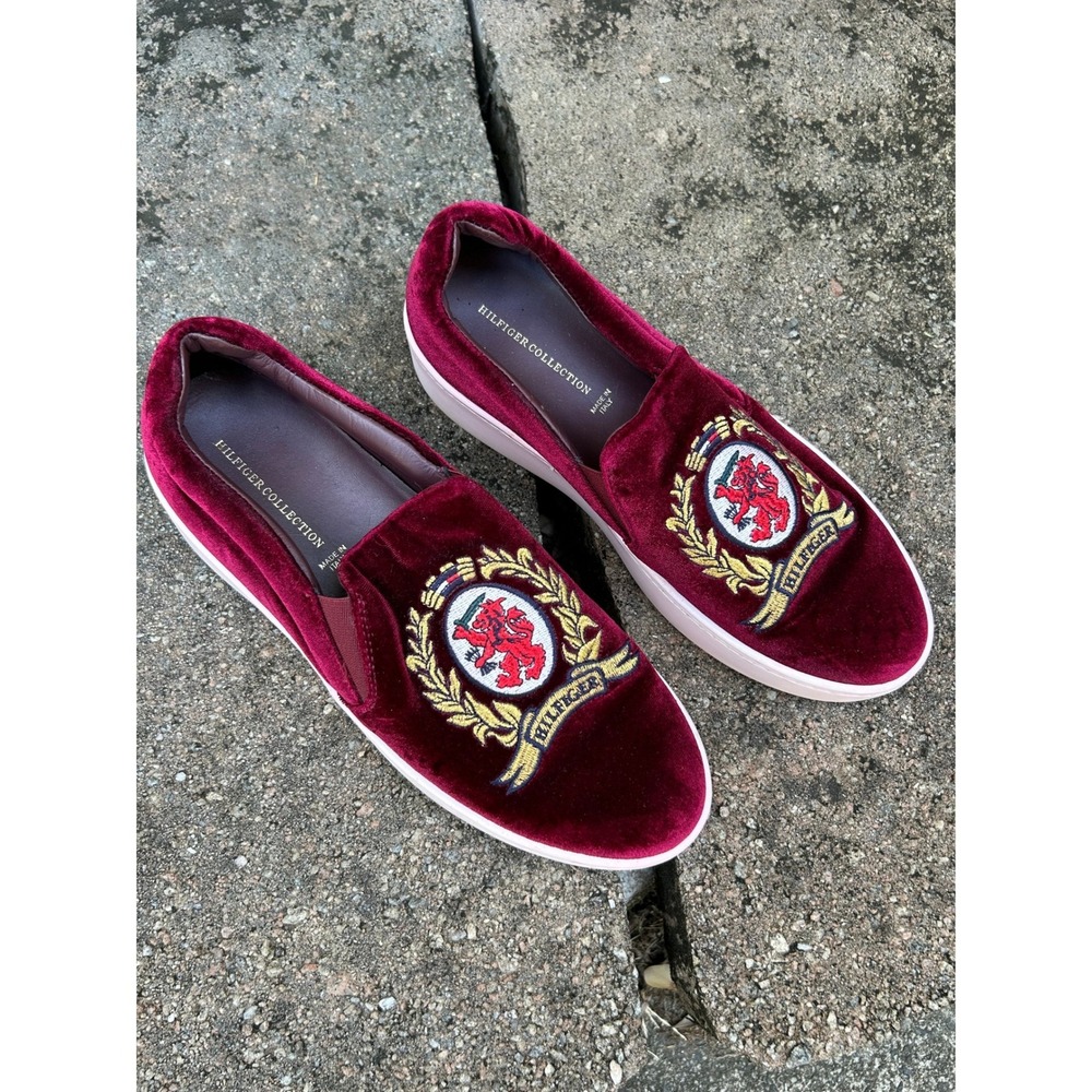 Hilfiger Collection Preppy Burgundy Velvet Crest Slip On Platform Sneakers Italy